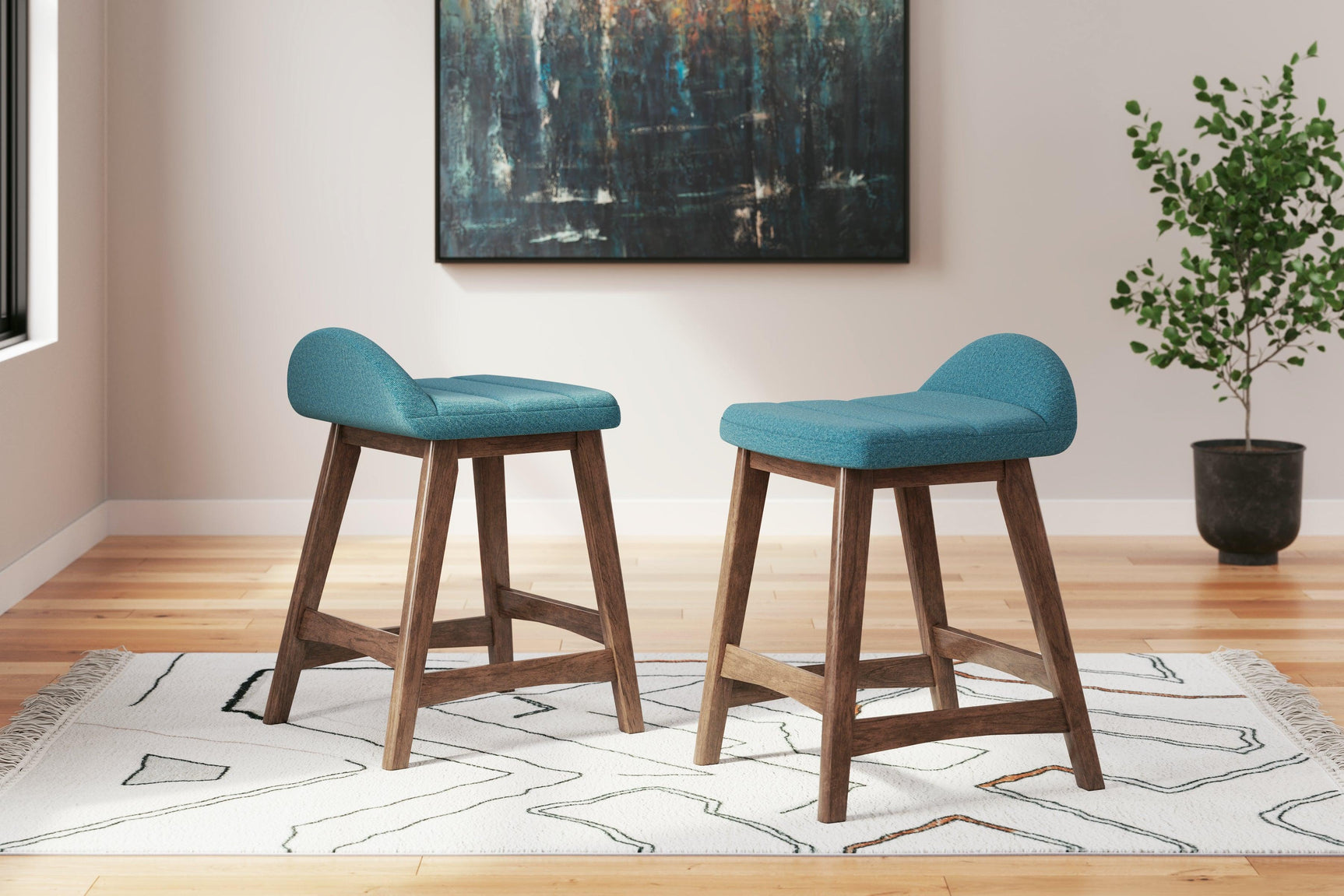 Lyncott Blue brown counter height bar stool angled profile