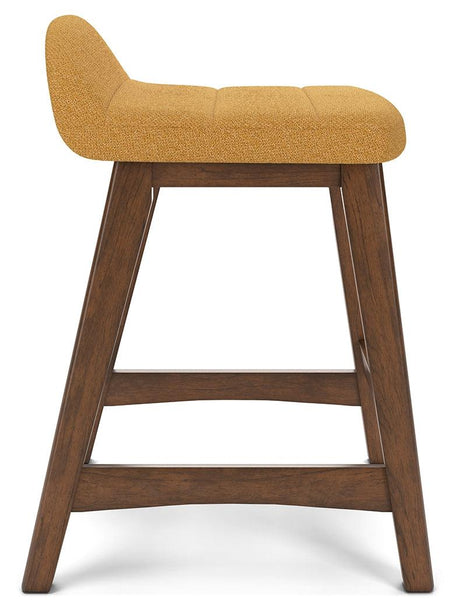 Lyncott mustard brown counter height bar stool angled side view
