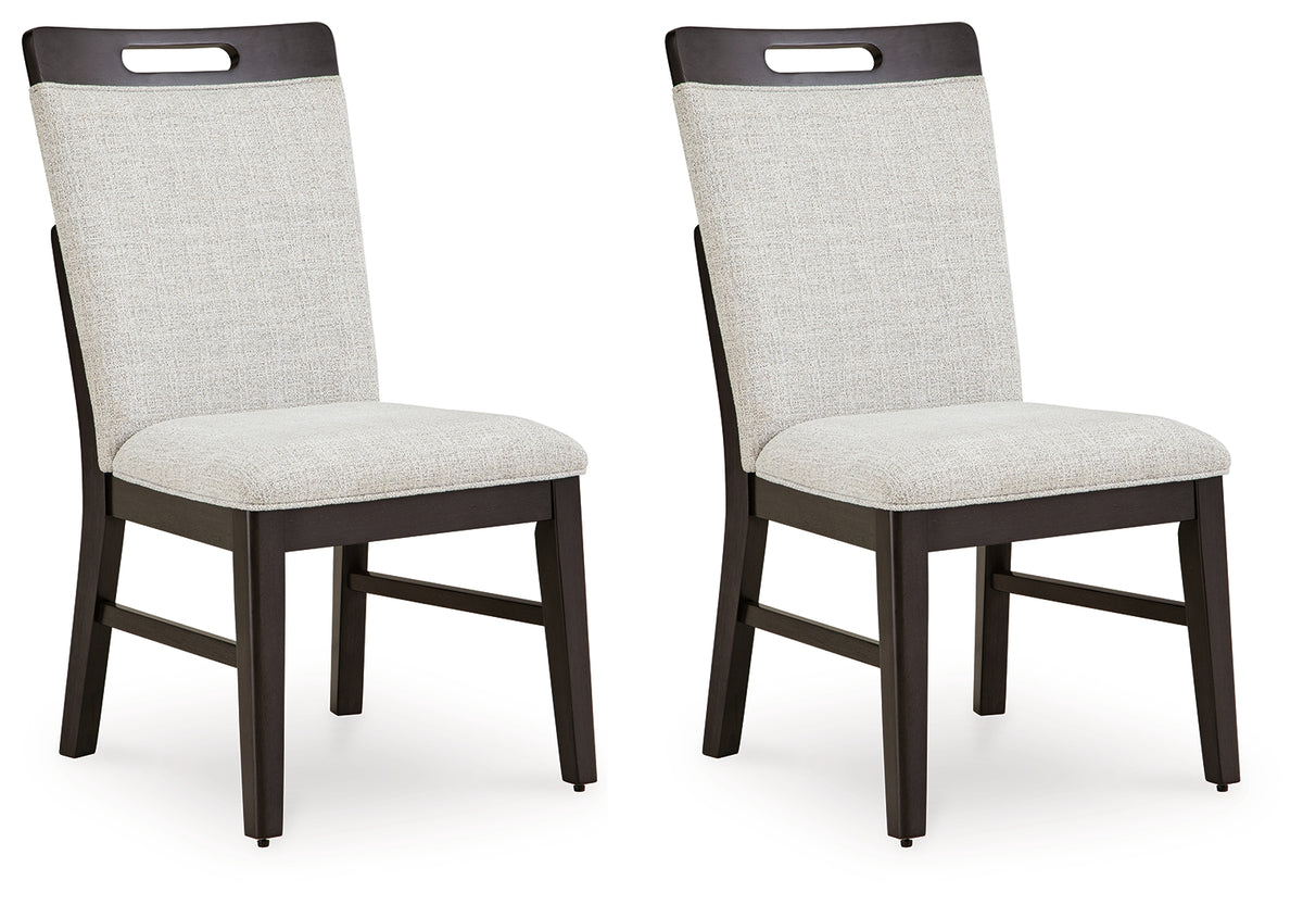 Side view of Neymorton dining chair showing upholstery and wood finish