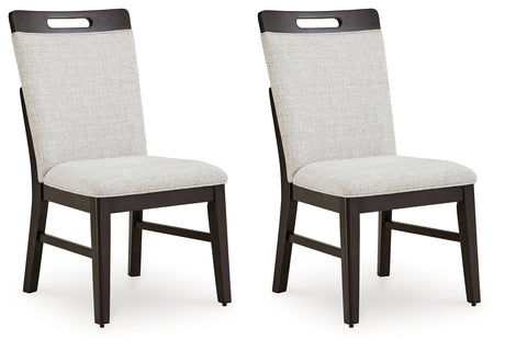 Side view of Neymorton dining chair showing upholstery and wood finish