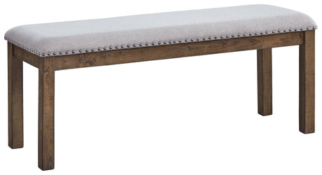 Moriville Beige Dining Bench side angle showing nailhead trim