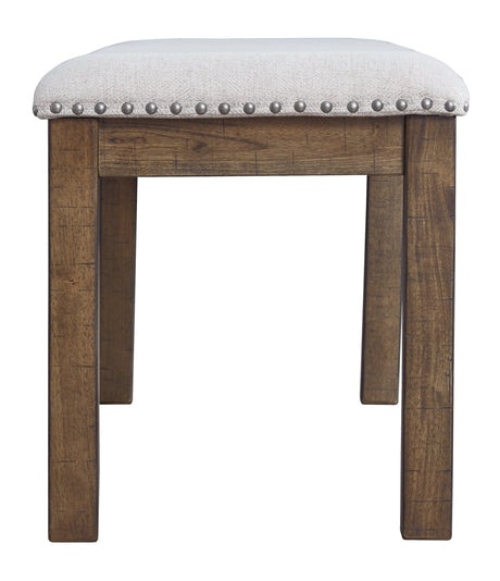 Side view of Moriville Dining Bench showing wood finish