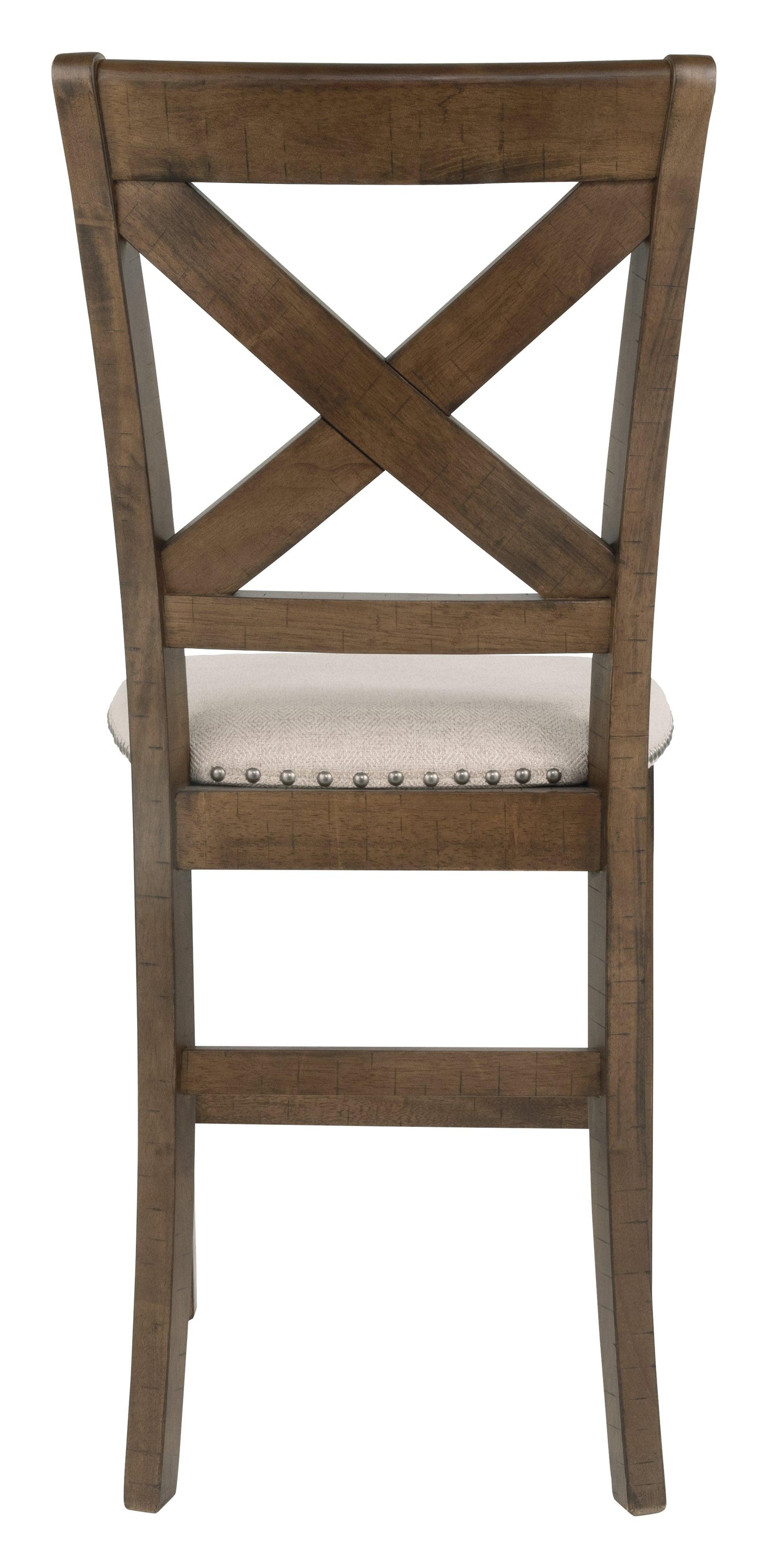 Close-up of antiqued bronze-tone nailhead trim on Moriville Bar Stool