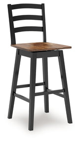 Close-up of butcher block veneer seat and black solid wood frame