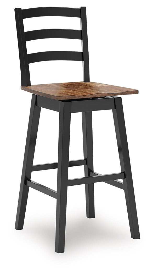 Close-up of butcher block veneer seat and black solid wood frame