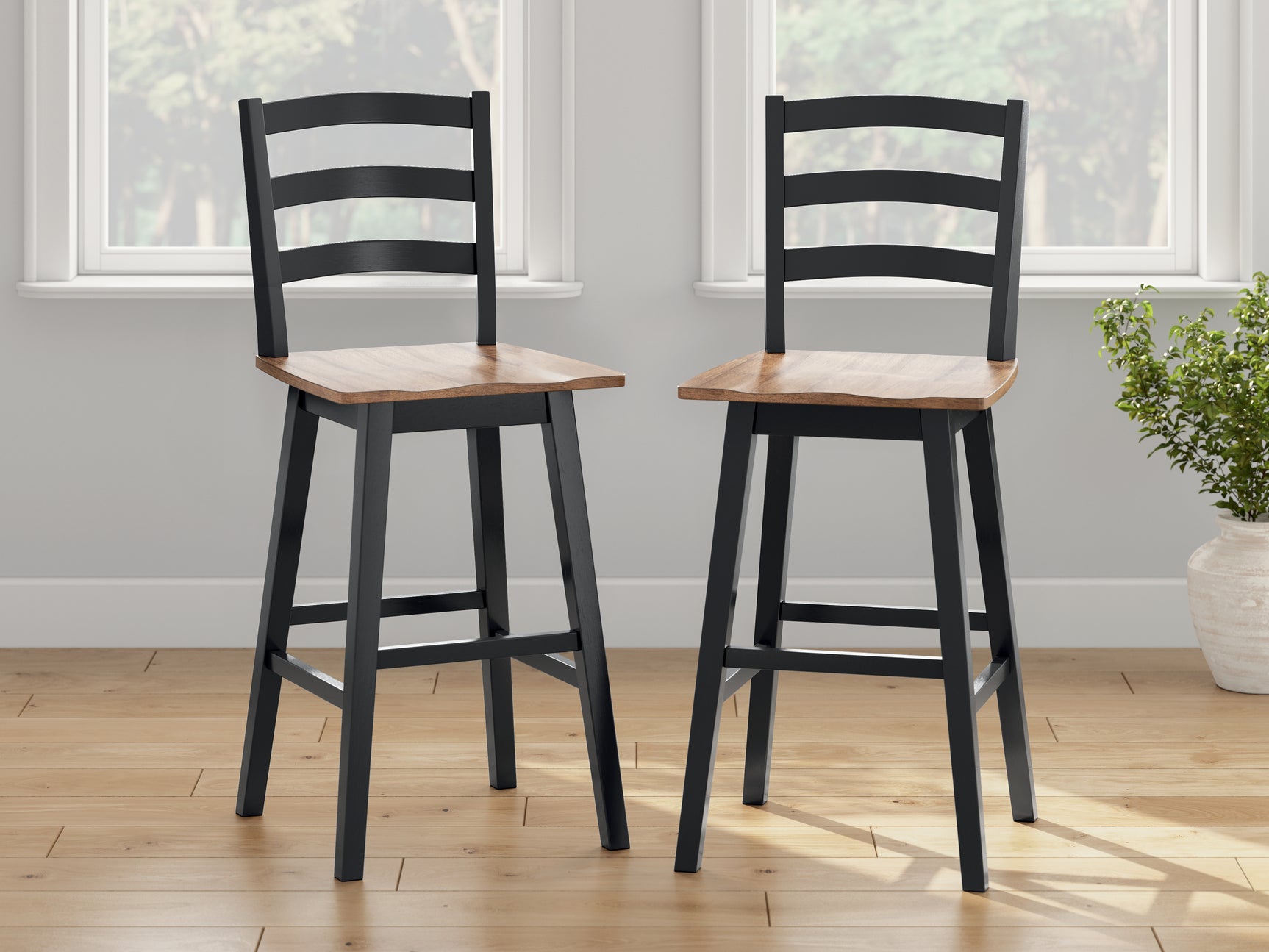 Front view of Wildenauer swivel bar stool showing seat and footrest