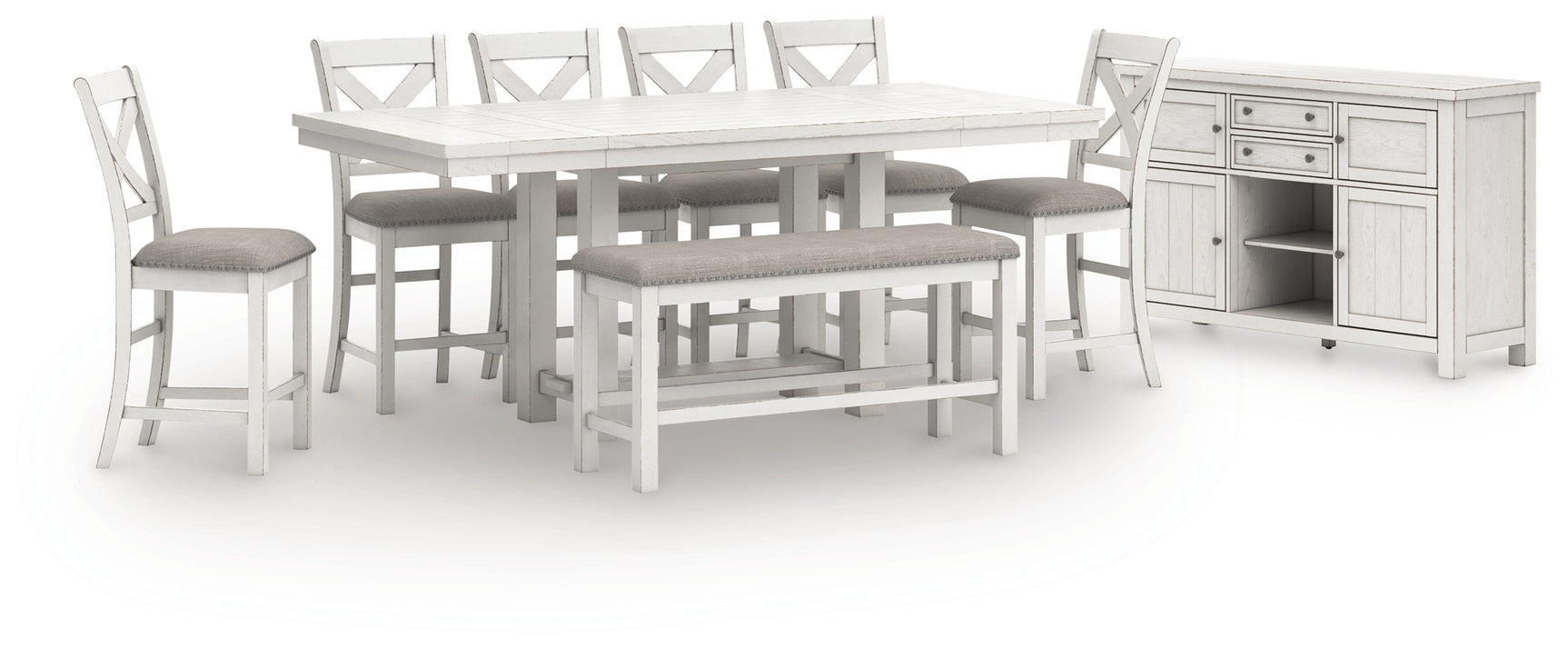 Dining table close-up showing planked antique white tabletop