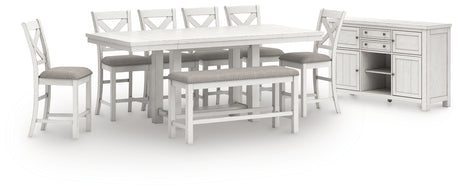 Dining table close-up showing planked antique white tabletop