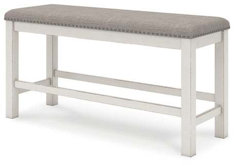 Robbinsdale antique white counter height dining table with 4 barstools and bench