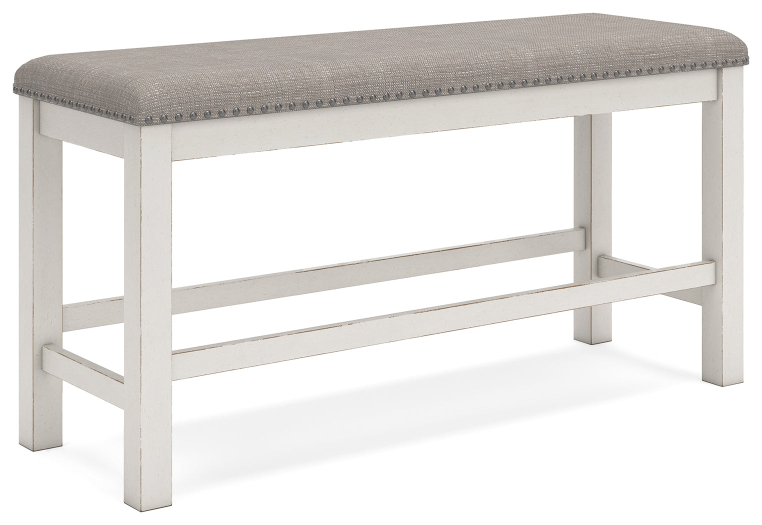 Side angle of barstool with antique white finish