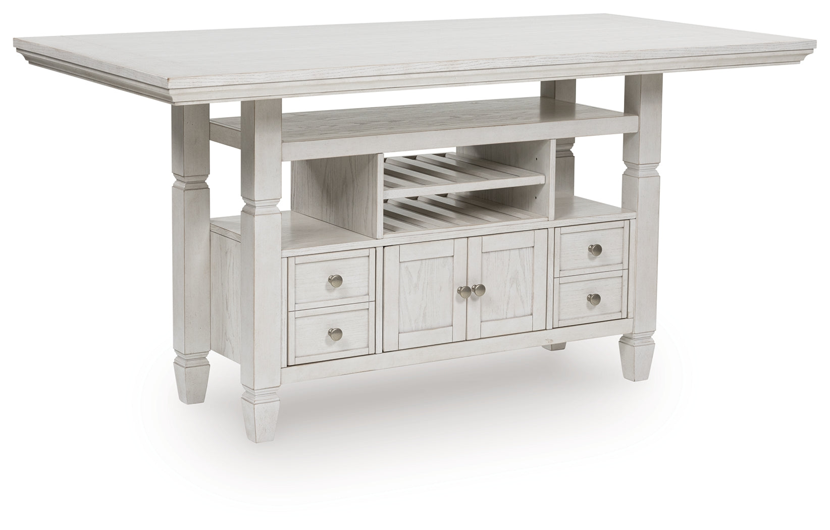 Robbinsdale Antique White Counter Height Dining Table angled closed storage view