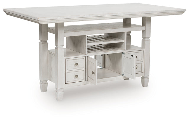 Robbinsdale Antique White Counter Height Dining Table angled open storage view