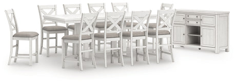 Robbinsdale antique white counter height dining table with 10 barstools and storage