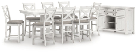 Angle view of antique white Robbinsdale dining table with barstools