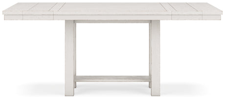 Robbinsdale antique white counter height dining table with four light gray upholstered barstools