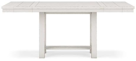 Side view of Robbinsdale antique white counter height dining table with barstools