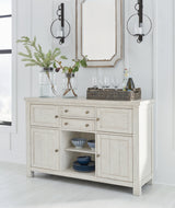 Robbinsdale antique white counter height dining table with barstools and storage bench