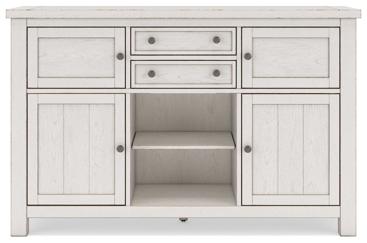 Robbinsdale antique white counter height dining table with barstools and storage bench