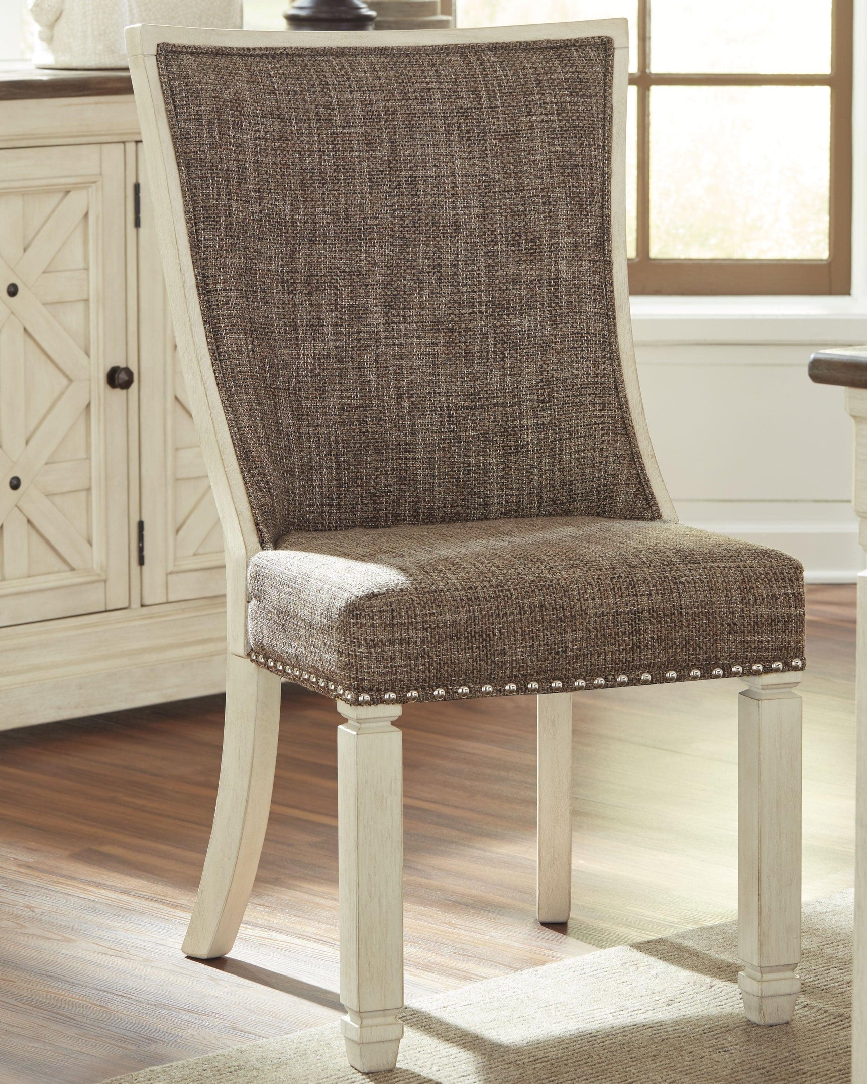 Close-up of Bolanburg chair lattice back and fabric upholstery texture