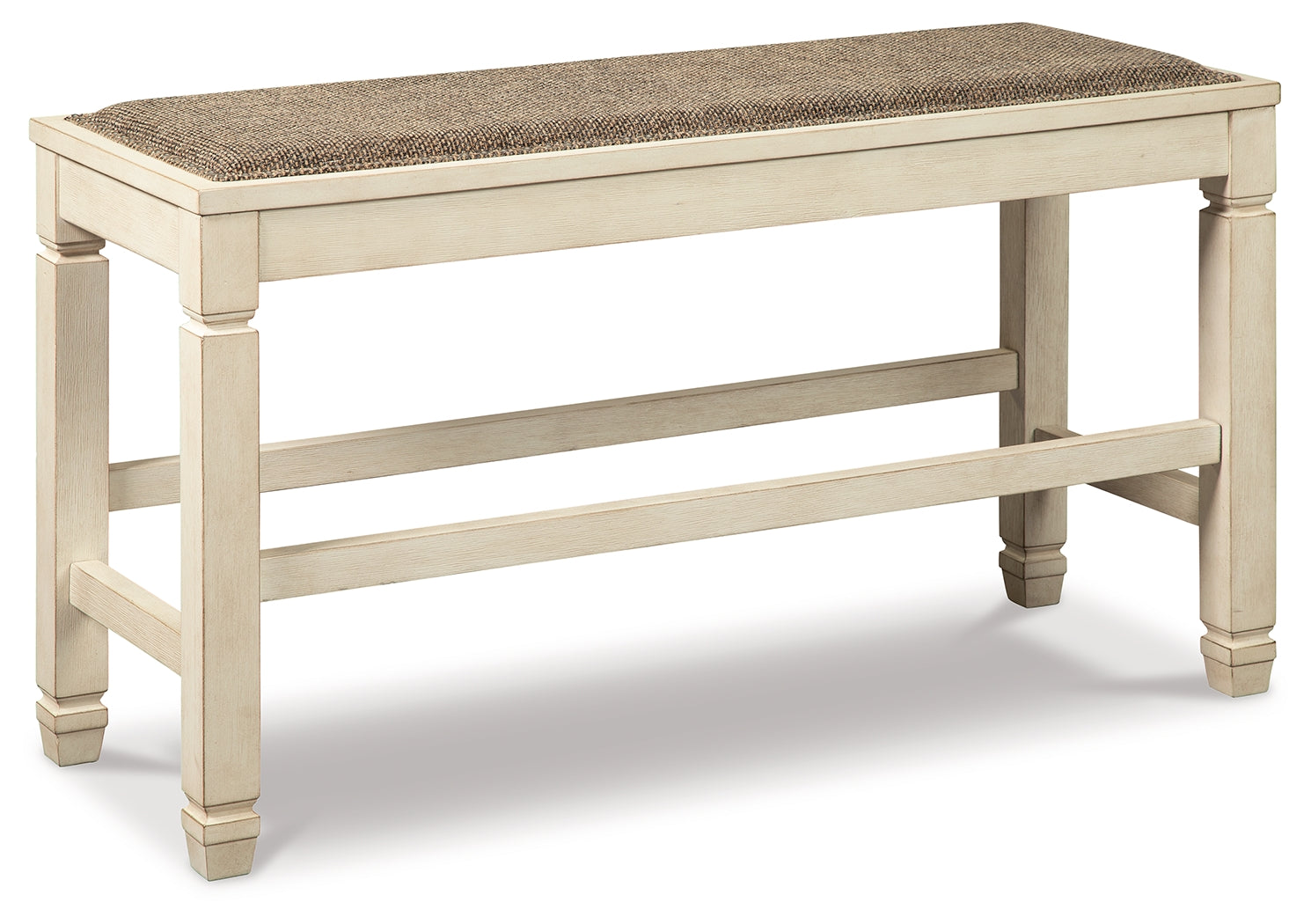 Angled view of barstools and bench with two-tone finish