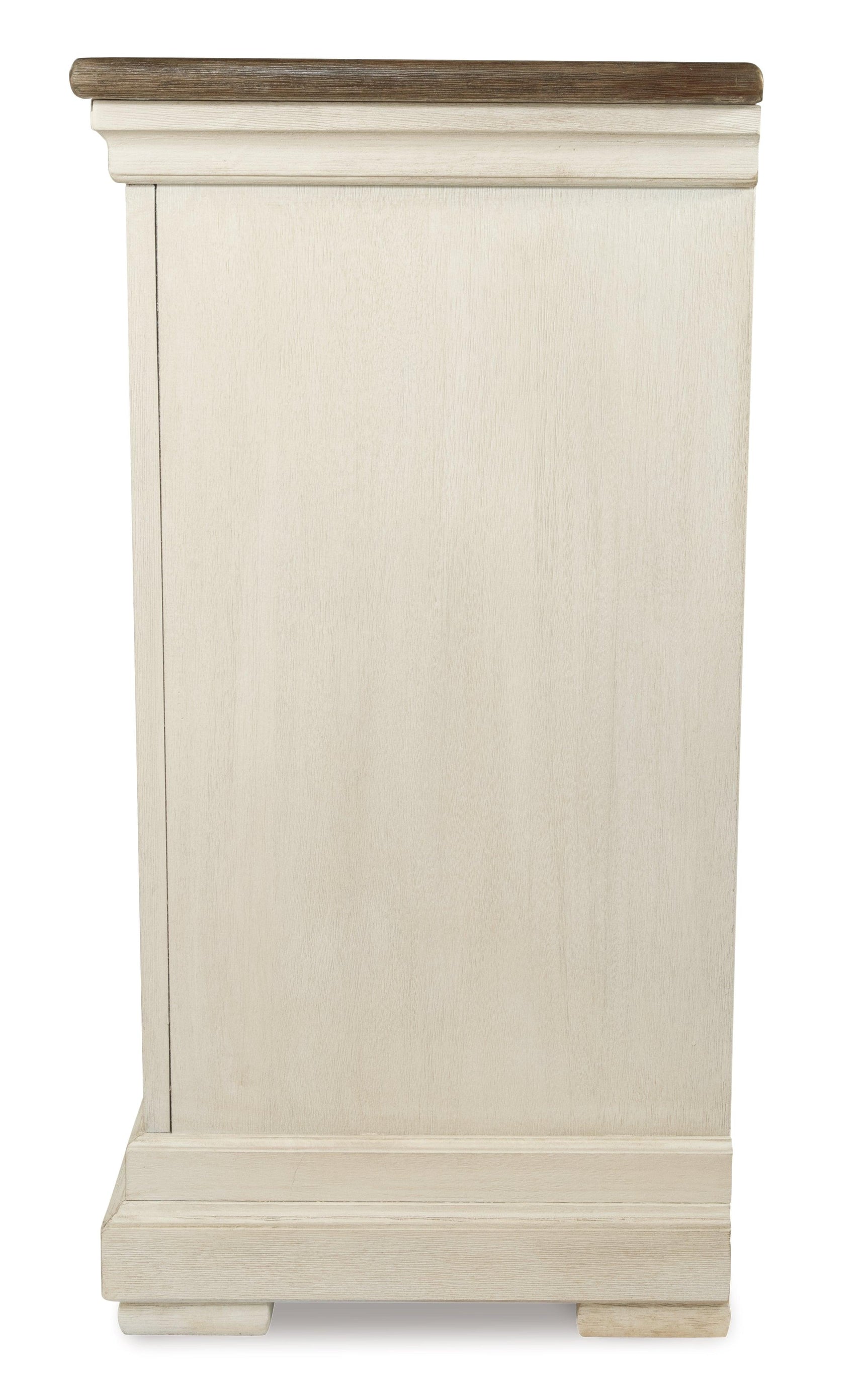 Close-up of distressed white finish on server door