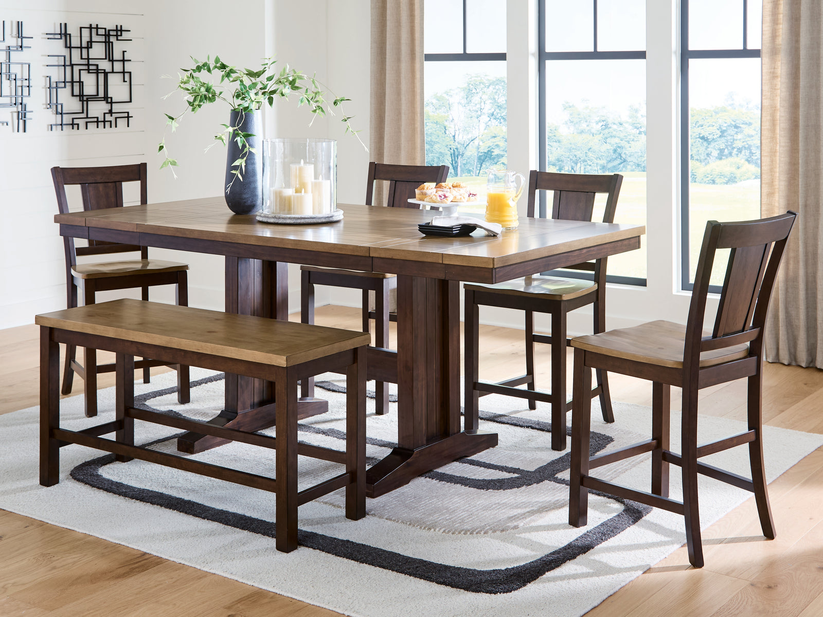 Rylandeen Light Brown/Dark Brown Counter Height Dining Table and 4 Barstools and Bench