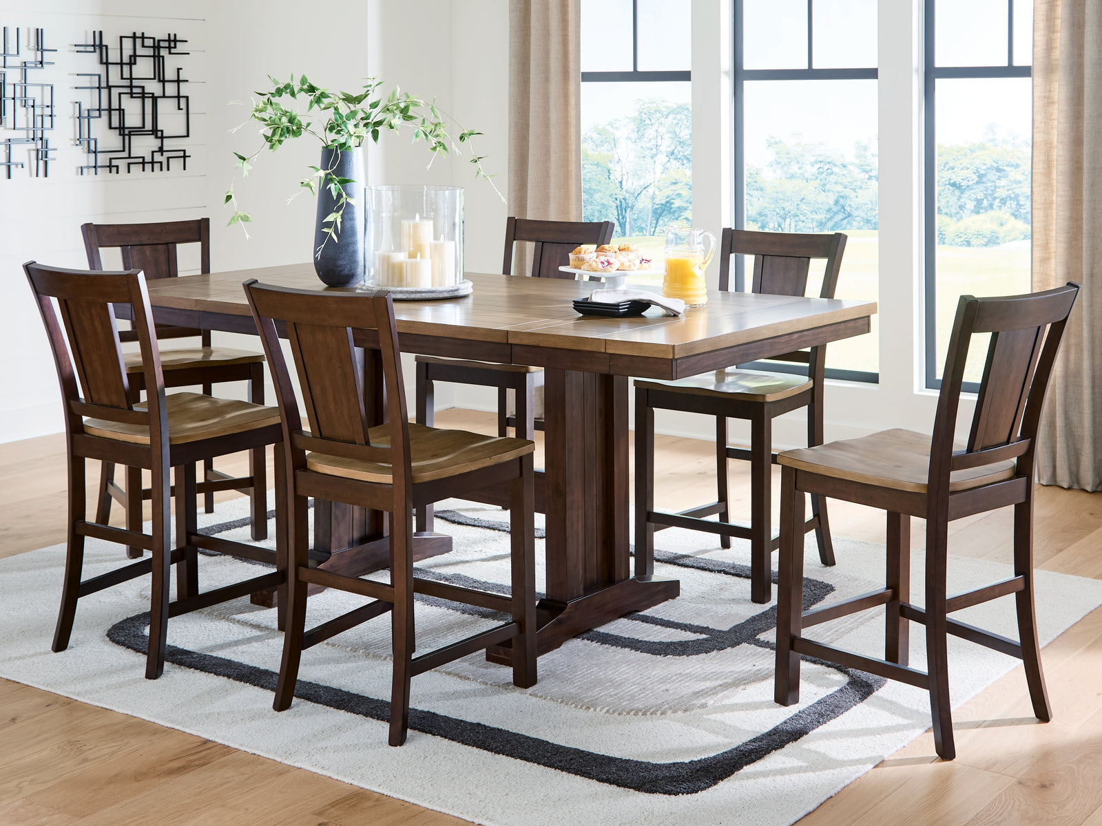 Rylandeen Light Brown/Dark Brown Counter Height Dining Table and 6 Barstools