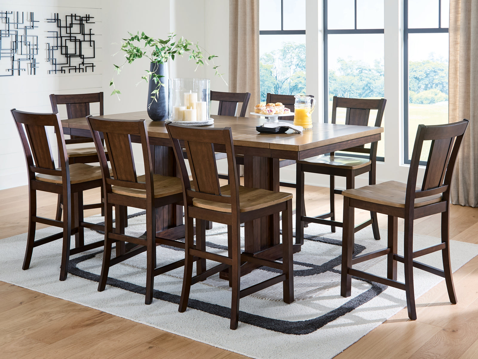 Rylandeen Light Brown/Dark Brown Counter Height Dining Table and 8 Barstools