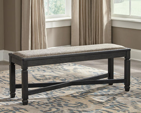 Tyler Creek Black and Grayish Brown Upholstered Dining Bench front angle