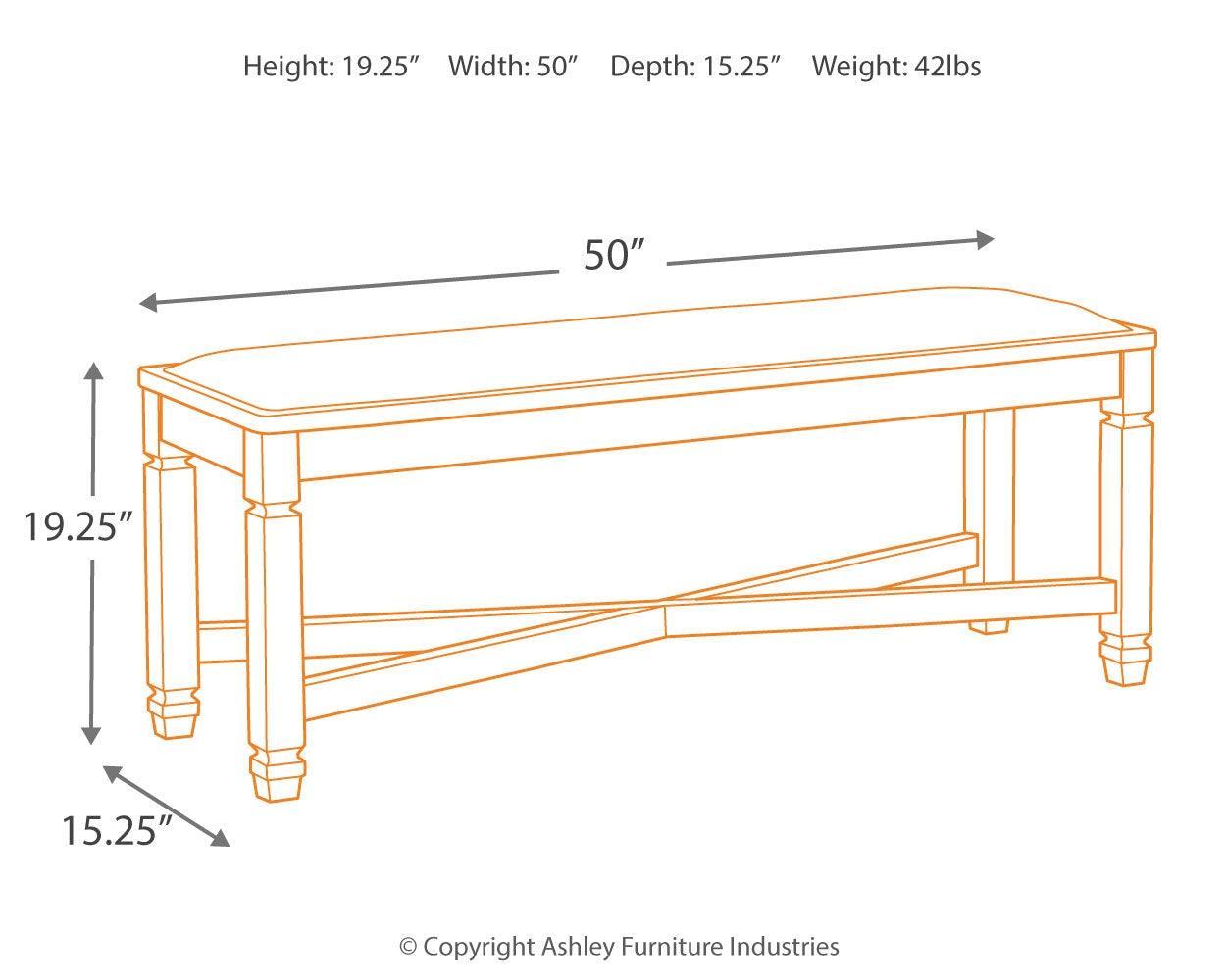 Dimension diagram of Tyler Creek Dining Bench with measurements