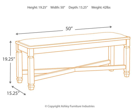 Dimension diagram of Tyler Creek Dining Bench with measurements