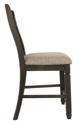 Detailed shot of upholstery and silvertone nailhead trim on Tyler Creek stool