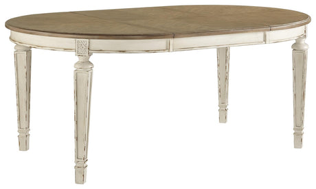 Realyn Dining Table top detail showing chipped white and distressed wood finish