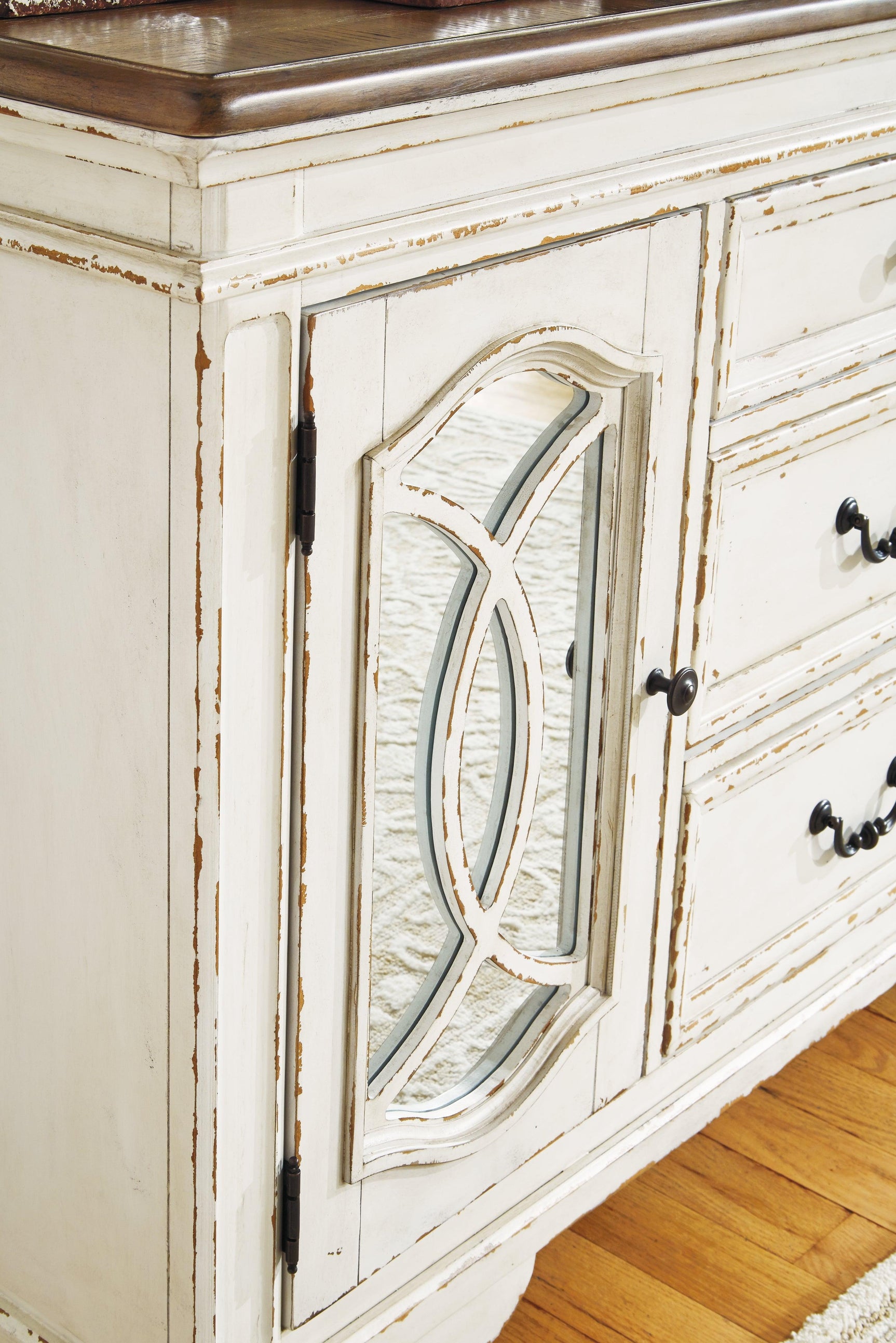 Top view showing distressed wood finish on Realyn Dining Server