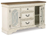 Open cabinet doors of Realyn Dining Server revealing adjustable shelves