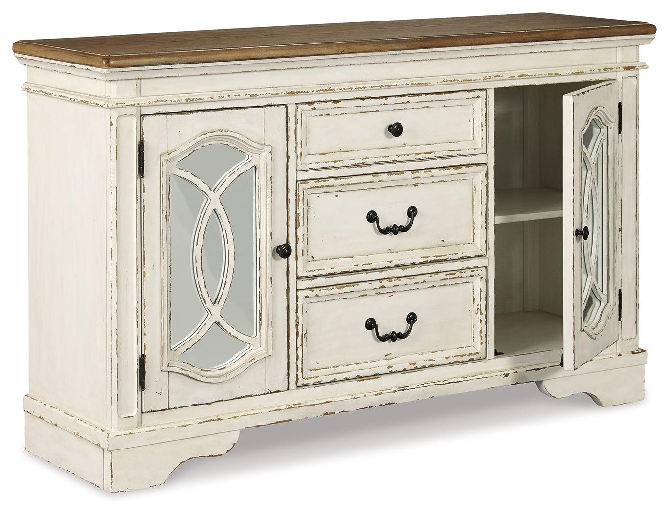 Open cabinet doors of Realyn Dining Server revealing adjustable shelves