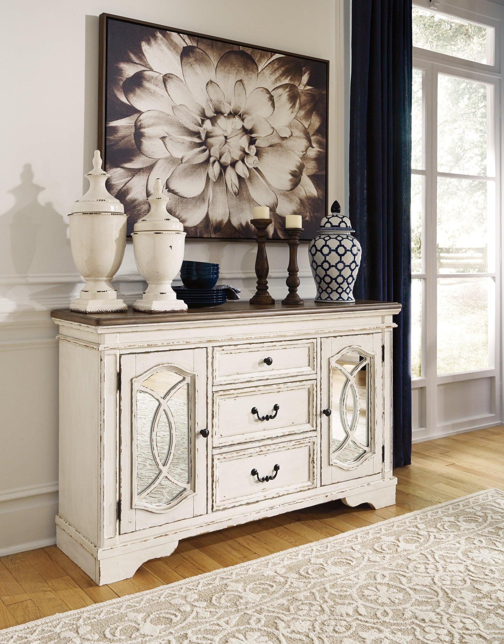 Detail of decorative fretwork and mirrored glass on Realyn Dining Server