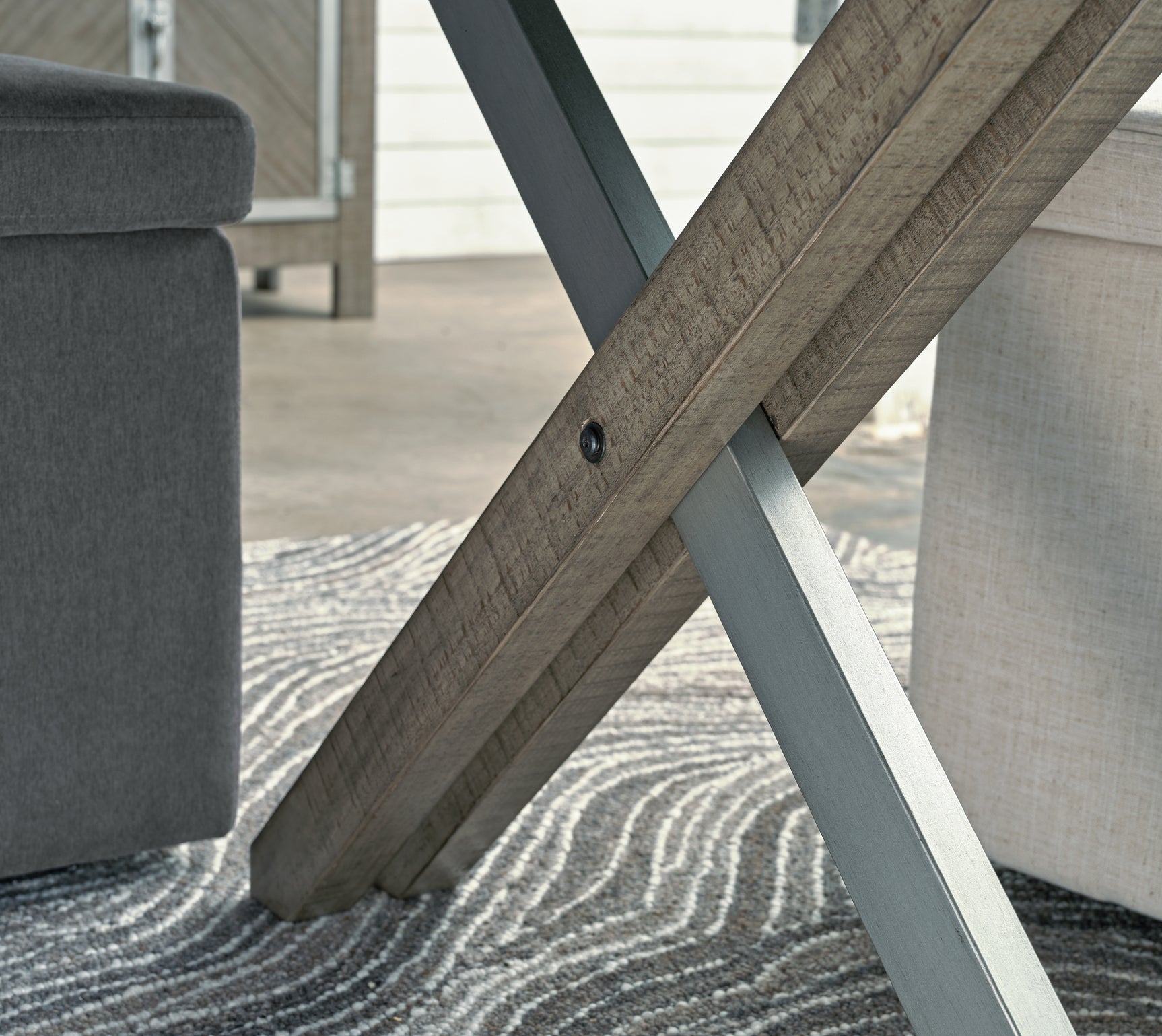 Close-up of wood and metal base detail