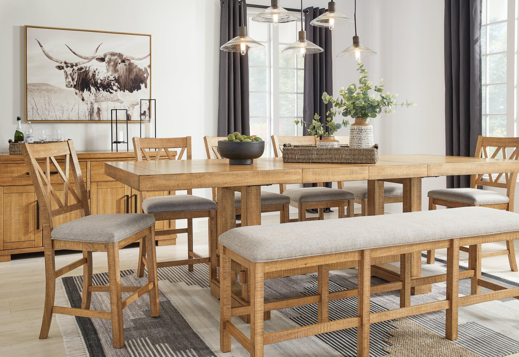 Havonplane 72 inch brown counter height dining bench rustic finish detail