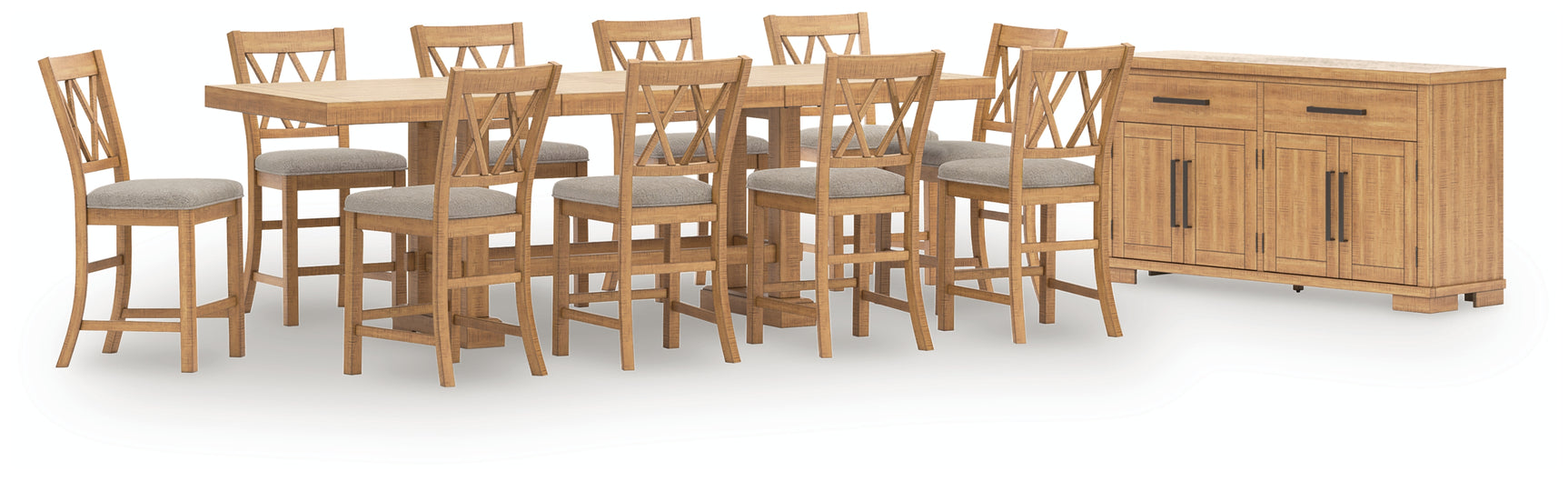 Side angle of Havonplane brown counter height dining table with barstools