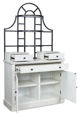 Greddinton White Baker's Rack with open cabinets and drawers