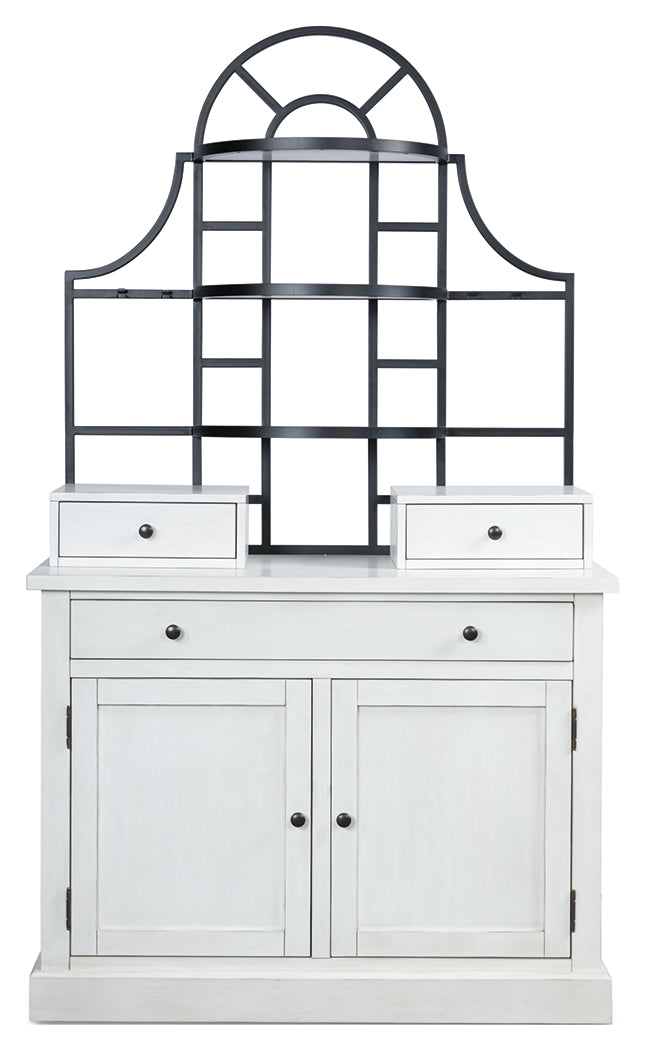 Front view of Greddinton White Baker's Rack showing shelves