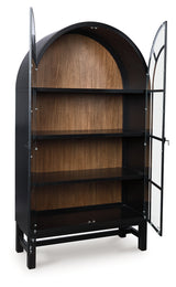 Greddinton display cabinet angled open doors showing shelves