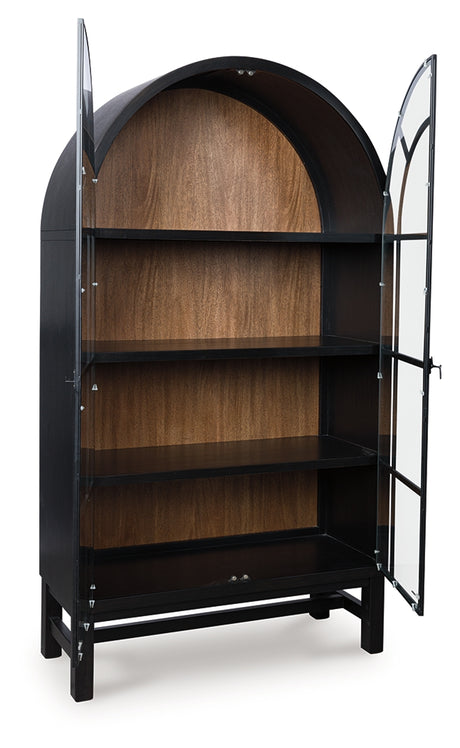 Greddinton display cabinet angled open doors showing shelves