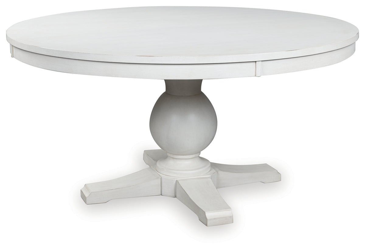 Greddinton white dining table side angle showcasing pedestal base and tabletop finish