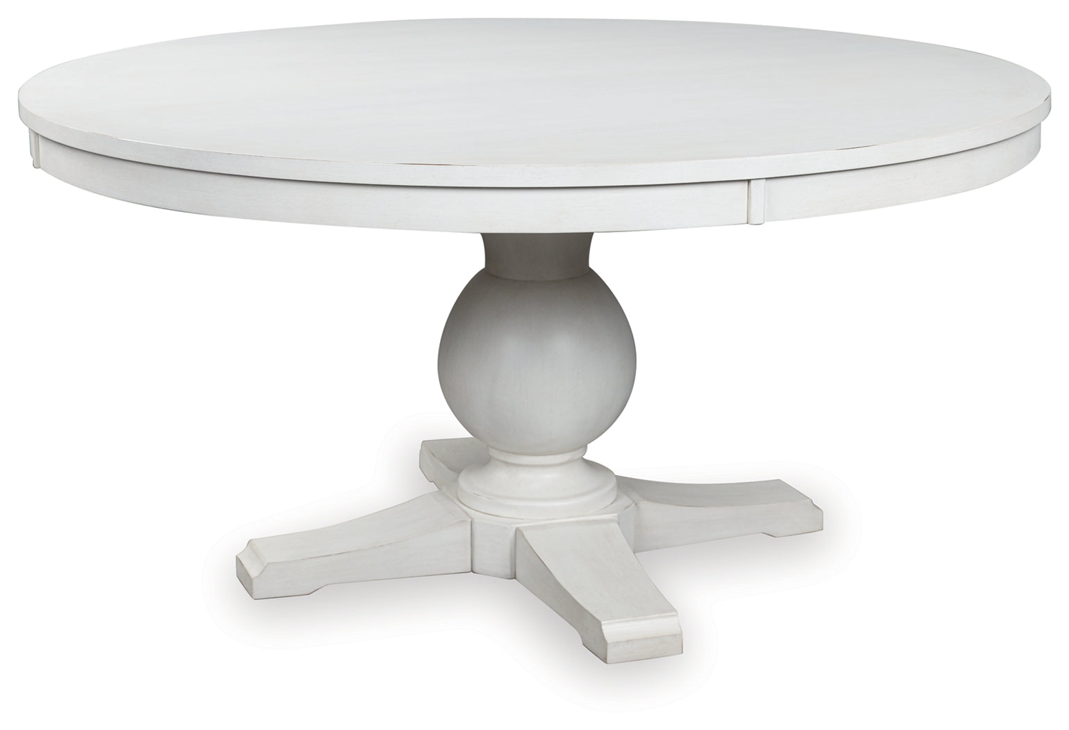 Greddinton white dining table side angle showcasing pedestal base and tabletop finish