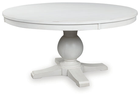 Greddinton white dining table side angle showcasing pedestal base and tabletop finish