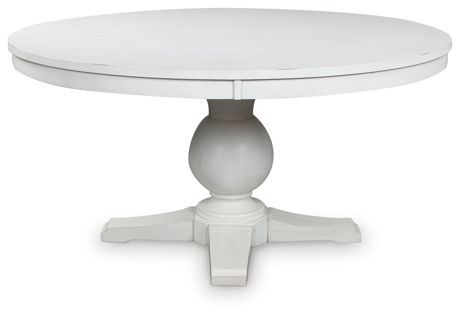 Greddinton white dining table head-on view showing square top and pedestal base