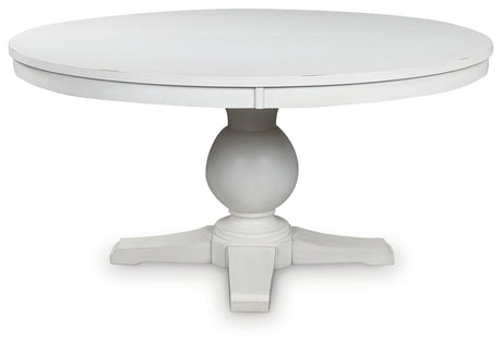 Greddinton white dining table head-on view showing square top and pedestal base