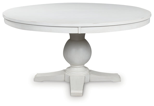 Greddinton white dining table head-on view showing square top and pedestal base